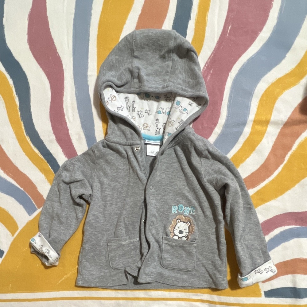 Absorba 24M Gray Hooded Snap Jacket 100% Cotton Animals Embroidered Pockets